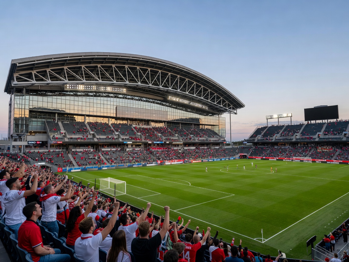 Modern architecture of soccer stadium BMO Field in Toronto with fans
