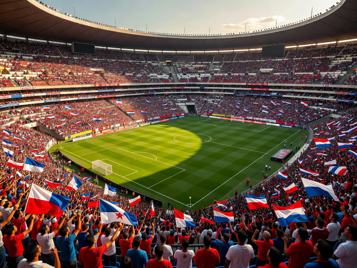 Wide shot of soccer pitch at Estadio Azteca and massive fan crowd